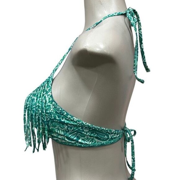 LA Hearts Swim Bikini Top Women's Large Green Abstract Halter Fringe Wireless - Picture 4 of 9